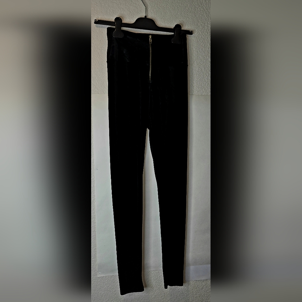 Black  Velvet High-Waisted Leggings with Gold Zipper.
